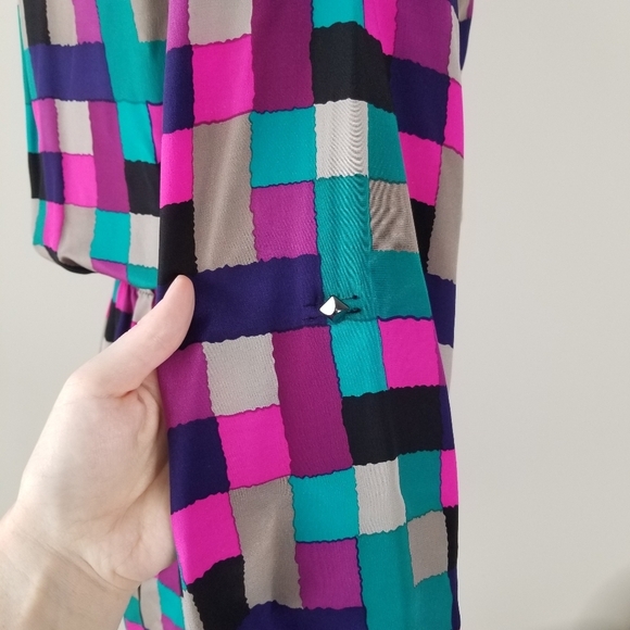 Britt Ryan 100% Silk Geometric Print Long Sleeve Blouson Dress Size M Colorful - Picture 3 of 15